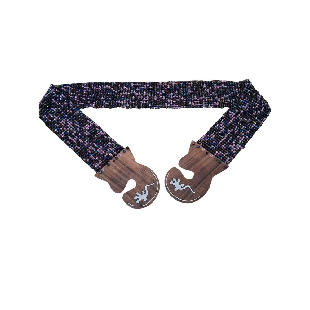 Y2k‎ Vintage Beaded Lizard Women's One Size Stretch Gypsy Wood Clasp Cinch Belt